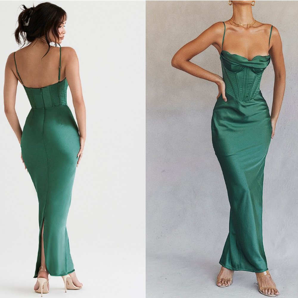House of CB ‘Charmaine’ Forest Corset Maxi Dress NWOT